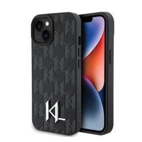   Karl Lagerfeld Leather Monogram Hot Stamp Metal Apple iPhone 15 hátlap tok, fekete