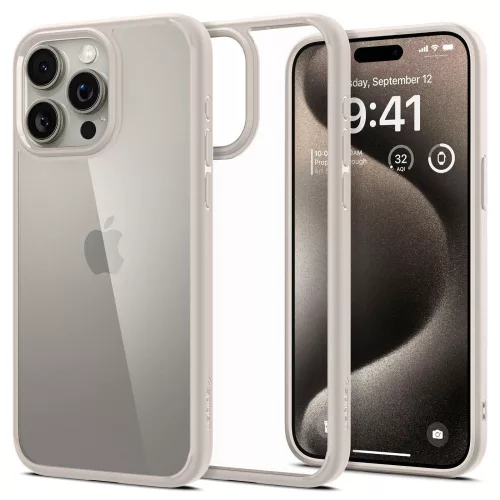 Spigen Ultra Hybrid Apple iPhone 15 Pro tok, bézs kerettel, átlátszó