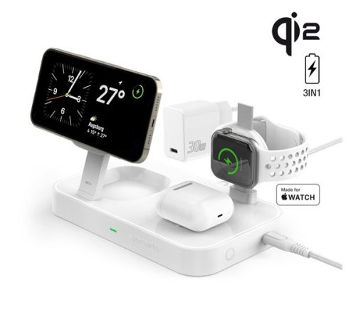 4smarts Trident Qi2 3in1 wireless töltő állomás, USB-C-USB-C kábellel, MFi gyorstöltővel, 30W, fehér