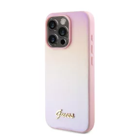   Guess PU Leather Iridescent Metal Script iPhone 15 Pro tok, rózsaszín