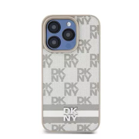   DKNY PU Leather Checkered Pattern and Stripe Apple iPhone 15 Pro tok, bézs