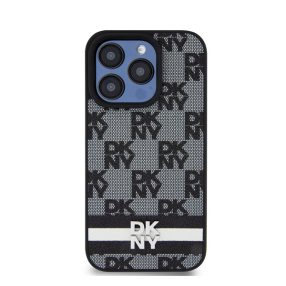   DKNY PU Leather Checkered Pattern and Stripe iPhone 12/12 Pro hátlap tok, fekete
