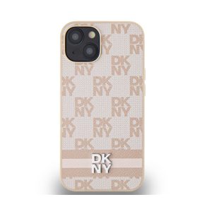   DKNY PU Leather Checkered Pattern and Stripe Apple iPhone 13 hátlap tok, rózsaszín