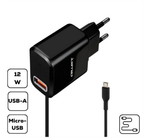 HS-H47 Hálózati töltő USB-A + microUSB-A csatlakozás, 2.4A, fekete