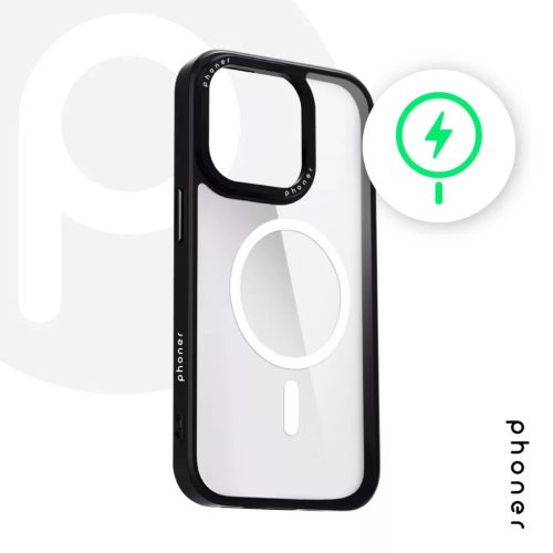 Phoner Custom Hybrid Apple iPhone 13 / 14 / 15 MagSafe kompatibilis hátlap tok, fekete (fekete gombokkal)