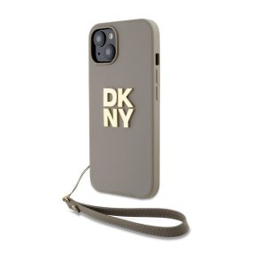   DKNY PU Leather Stack Logo Apple iPhone 15 hátlap tok csuklópánttal, bézs