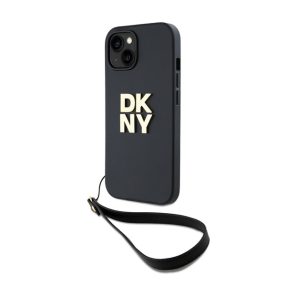   DKNY PU Leather Stack Logo Apple iPhone 15 hátlap tok csuklópánttal, fekete