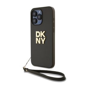   DKNY PU Leather Stack Logo Apple iPhone 15 Pro Max hátlap tok csuklópánttal, barna