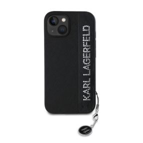   Karl Lagerfeld PU Saffiano Rhinestone Charm Apple iPhone 15 hátlap tok, fekete