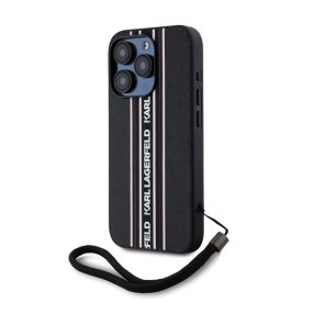   Karl Lagerfeld PU Saffiano Athleisure Apple iPhone 15 Pro Max hátlap tok csuklópánttal, rózsaszín
