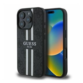   Guess 4G Printed Stripes MagSafe Apple iPhone 16 Pro hátlap tok, fekete/barna GUHMP16LP4RPSK