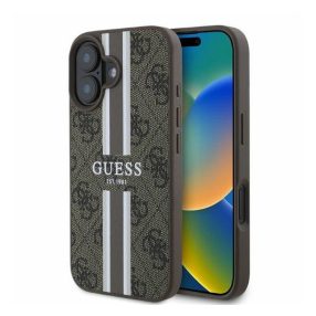   Guess 4G Printed Stripes MagSafe Apple iPhone 16 hátlap tok, barna GUHMP16SP4RPSW