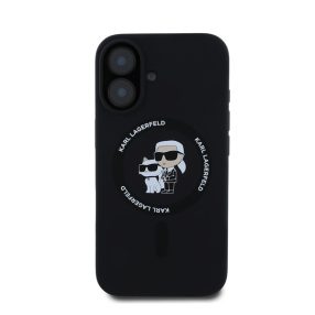   Karl Lagerfeld Silicone KC Heads Ring Apple iPhone 16 hátlap tok, fekete KLHMP16SSCMKCRHK