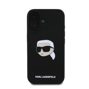   Karl Lagerfeld Silicone KL Head Print Apple iPhone 16 hátlap tok, fekete KLHMP16SSKHPPLK