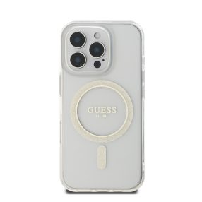   Guess IML Glitter Ring Apple iPhone 16 Pro Magsafe kompatibilis hátlap tok, átlátszó