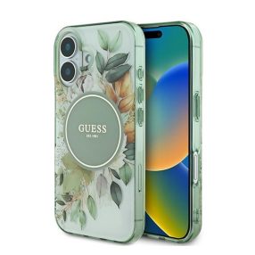   Guess IML Flower & Tonal Circle iPhone 16 Plus kemény hátlap tok, zöld GUHMP16MHFWBDCEN