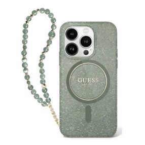   Guess IML Glitter iPhone 16 Plus MagSafe kemény hátlap tok karpánttal, zöld GUHMP16MHGCRELSA