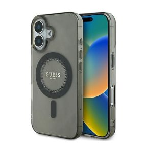   Guess IML Rhinestones MagSafe iPhone 16 Plus kemény hátlap tok, fekete GUHMP16MPFTDTEK