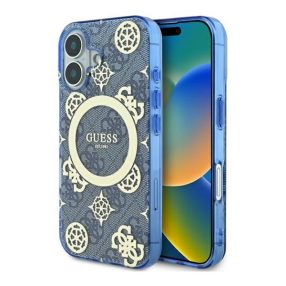   Guess IML Peony On 4G Background iPhone 16 MagSafe kemény hátlap tok, kék GUHMP16SH4PYEEB