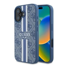   Guess 4G Printed Stripes iPhone 16 MagSafe kemény hátlap tok, kék GUHMP16SP4RPSB