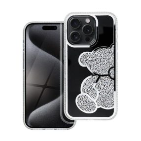 Teddy Bear iPhone 16 Pro Max csillogó köves tok, ezüst