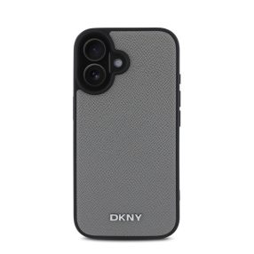   DKNY PU Leather Silver Metal Logo iPhone 16 MagSafe tok, szürke