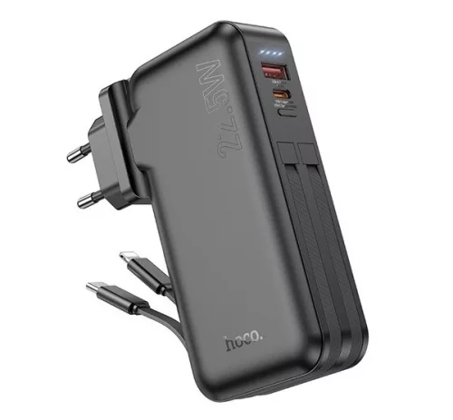 Hoco J126 Power bank / külső akkumulátor 10000mAh, EU/US adapterrel, USB-C/Ligthning kábellel, QC PD, 3A, 22,5W fekete