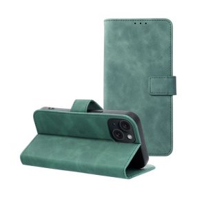   Tender Book iPhone 15 flip/oldalra nyíló műbőr tok kártyatartó résszel, zöld