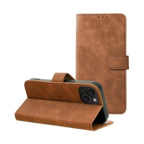   Tender Book iPhone 15 flip/oldalra nyíló műbőr tok kártyatartó résszel, barna