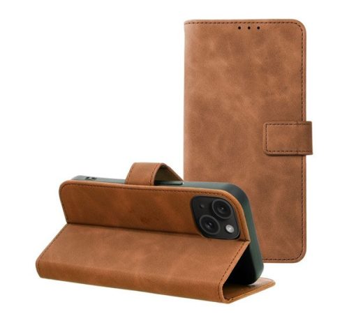 Tender Book iPhone 15 flip/oldalra nyíló műbőr tok kártyatartó résszel, barna