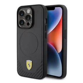   Ferrari Carbon Metal Logo iPhone 15 Pro MagSafe kompatibilis kemény hátlap tok, fekete FEHMP15LPTEK
