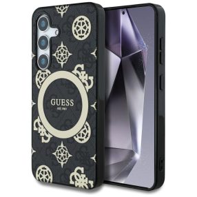   Guess 4G Background Gold Electroplated Peony Pattern Samsung Galaxy S25 MagSafe kemény hátlap tok, fekete