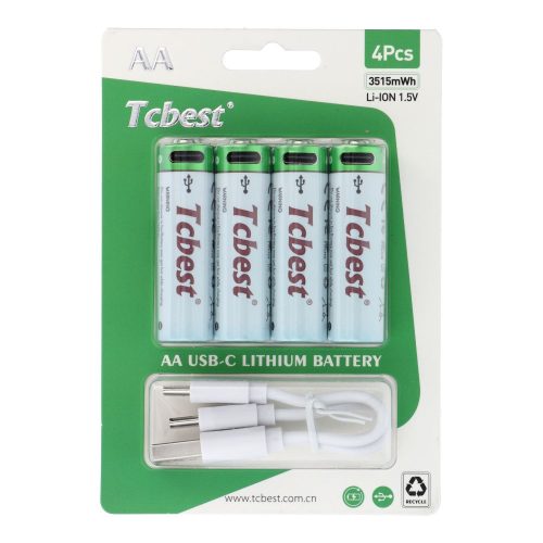 TCBEST újratölthető R6 (AA) elem 950 mAh, USB-C csatlakozóval és töltőkábellel (4db)