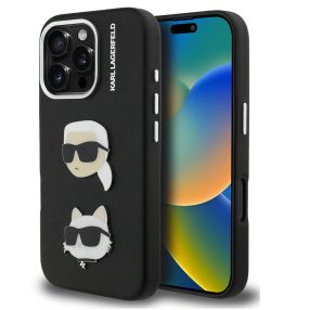   Karl Lagerfeld Grained PU K&CH Heads iPhone 16 Pro hátlap tok, fekete
