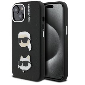   Karl Lagerfeld Grained PU K&CH Heads iPhone 15 hátlap tok, fekete