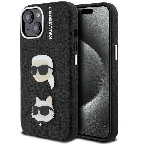 Karl Lagerfeld Grained PU K&CH Heads iPhone 15 hátlap tok, fekete