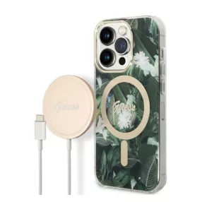  Guess Jungle MagSafe Apple iPhone 14 Pro Max hátlap tok, zöld + MagSafe töltő