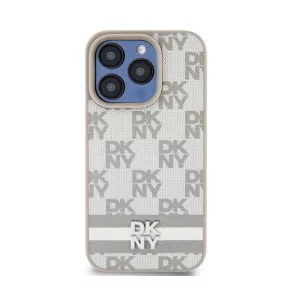   DKNY PU Leather Checkered Pattern and Stripe iPhone 14 Pro Max hátlap tok, bézs