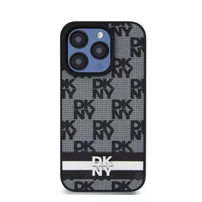   DKNY PU Leather Checkered Pattern and Stripe iPhone 14 Pro Max hátlap tok, fekete