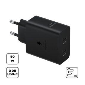   Samsung hálózati adapter 2xUSB-C + USB-C kábellel, PD, 50W, fekete