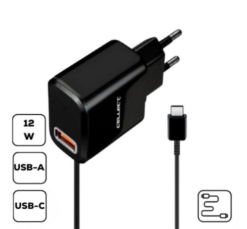 HS-H47 Hálózati töltő USB-A+ USB-C csatlakozás, 2.4A, fekete