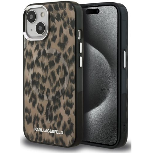 Karl Lagerfeld IML Leopard iPhone 15 MagSafe kompatibilis leopárd mintás hátlap tok, barna