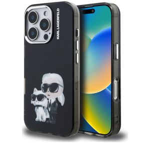   Karl Lagerfeld IML Aquarelle Karl and Choupette iPhone 16 Pro hátlap tok, fekete