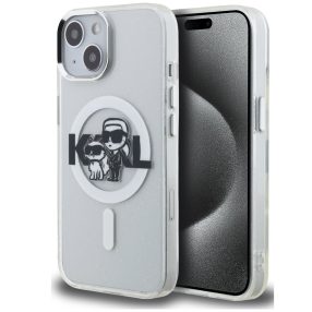   Karl Lagerfeld IML Glitter Karl and Choupette Sketch iPhone 15 MagSafe kompatibilis hátlap tok, átlátszó
