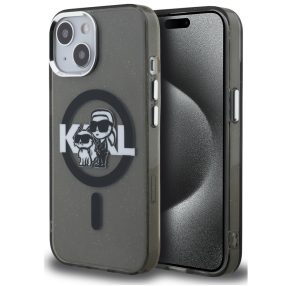   Karl Lagerfeld IML Glitter Karl and Choupette Sketch iPhone 15 MagSafe kompatibilis hátlap tok, fekete