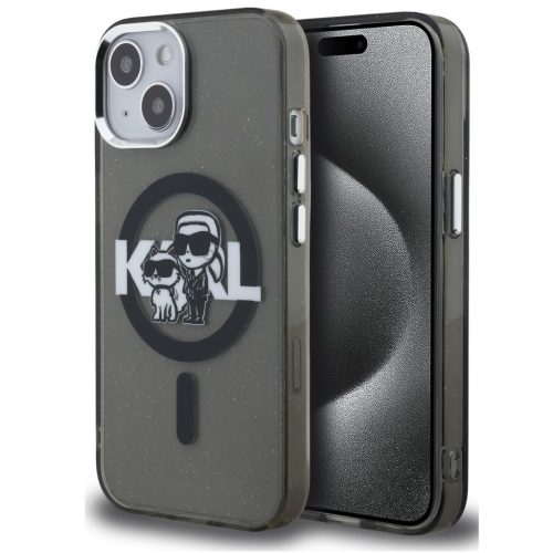 Karl Lagerfeld IML Glitter Karl and Choupette Sketch iPhone 15 MagSafe kompatibilis hátlap tok, fekete