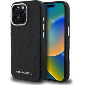   Karl Lagerfeld Grained PU Repeated Logo iPhone 16 Pro MagSafe kompatibilis hátlap tok, fekete