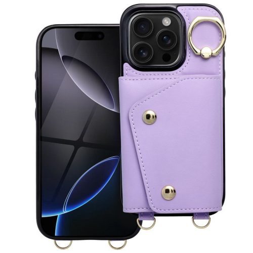 Wonder iPhone 16 Pro Max kártyatartós tok gyűrűs kitámasztóval, csuklóra / vállra akasztható pánttal, lila