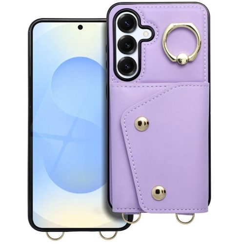 Wonder Samsung Galaxy A15 5G kártyatartós tok gyűrűs kitámasztóval, csuklóra / vállra akasztható pánttal, lila