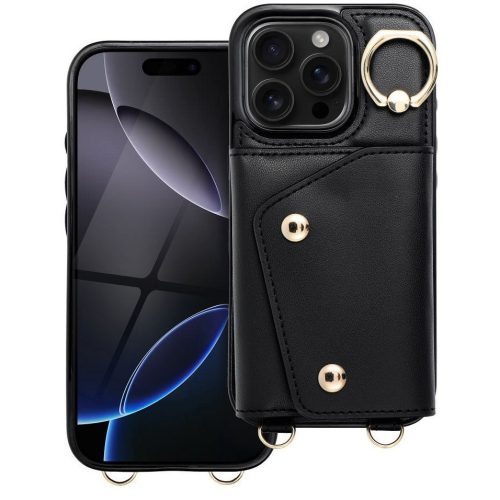 Wonder iPhone 13 kártyatartós tok gyűrűs kitámasztóval, csuklóra / vállra akasztható pánttal, fekete